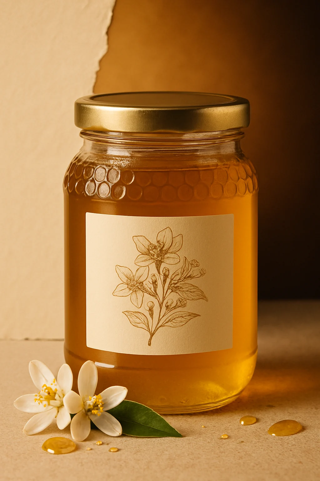 Tarro de miel de azahar, dorada y luminosa, con flores blancas de naranjo.