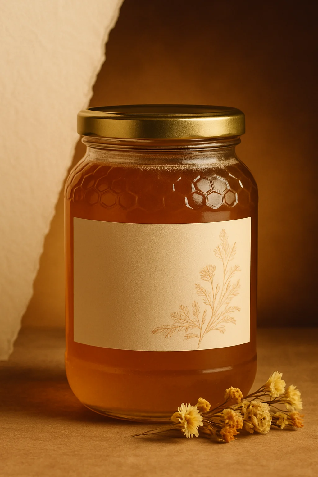 Tarro de milflores de marisma, de ámbar medio, con un ramillete de flores silvestres.
