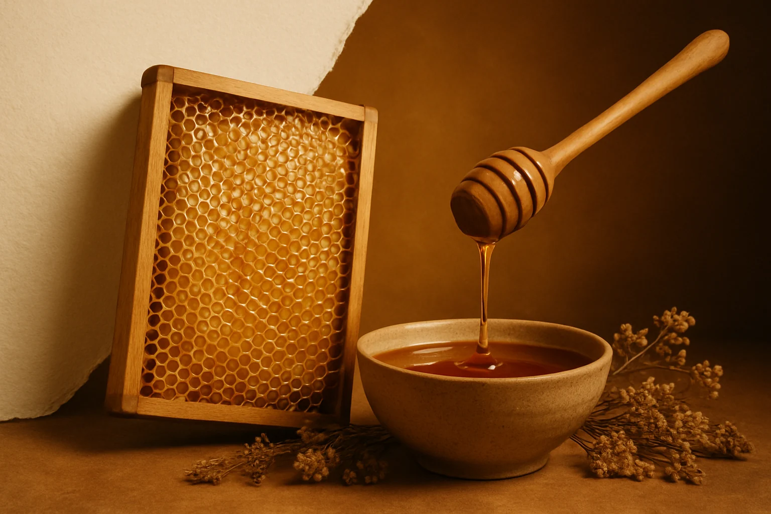 Cuadro de colmena con panal operculado, un cucharón de madera chorreando miel y un cuenco de cerámica con miel decantada.